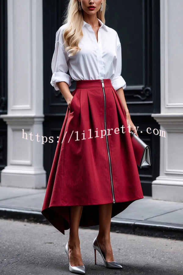 Effortless Charm Front Zipper Detail Pocketed High Low Pleated Midi Skirt