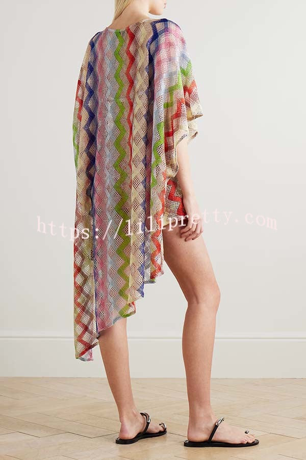 Sun Washed Knit Colorful Zigzag Pattern Asymmetric Hem Loose Cover-ups Kaftan