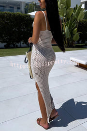 Solid Color V-neck Hollow Beach Knitted Cover-up Midi Dress