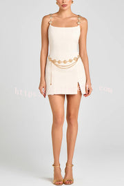 Timeless Exquisite Tweed Fabric Metal Coin Chain Detail Slip Mini Dress