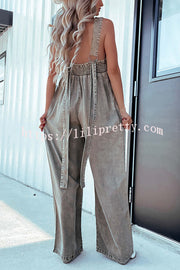 Solid Color Sexy V-neck Open Back Pleated Loose Denim Jumpsuit