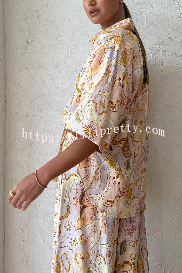 Lilipretty Sunshine Loving Linen Blend Mythological Pattern Button Down Oversized Blouse