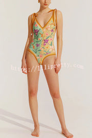 Lilipretty® Khloe Vintage Style Floral Color Block Printed Reversible Tie Shoulder Stretch One-piece Swimsuit