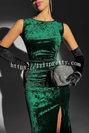 Solid Color Velvet Round Neck Sleeveless Slim Slit Maxi Dress