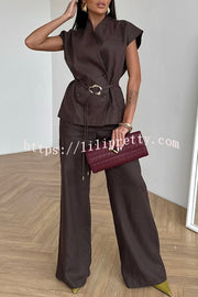 Modern City Double Breasted Belted Wide Short Sleeve Suit and Elastic Waist Loose Pants Set