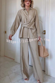 Juliette Cross-front Button Up Long Sleeve Shirt and Elastic Waist Pocket Loose Pants Set