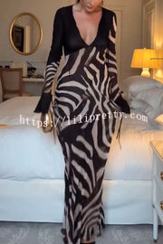 City Night Chiffon Colorblock Animal Print Tie-up Long Sleeve Maxi Dress