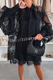 Night Rose Lace Bow Neck Long Balloon Sleeve A-line Mini Dress