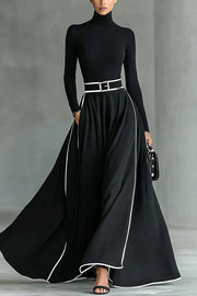 Stylish Color-blocked Trim High-neck Long-sleeved Casual Pockets Maxi Dress