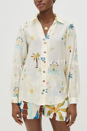 Linen Blend Resort Coconut Palm Print Long Sleeve Lapel Shirt and Elastic Waist Casual Pocket Shorts Set