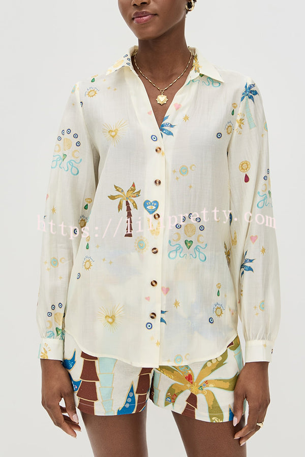 Linen Blend Resort Coconut Palm Print Long Sleeve Lapel Shirt and Elastic Waist Casual Pocket Shorts Set