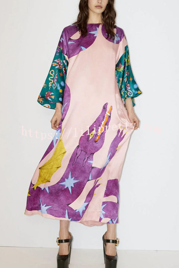 Lilipretty Artistic Nature Satin Unique Print Contrast Slit Relaxed Vacation Maxi Dress