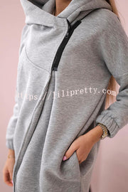 Solid Color Loose Hooded Zip-up Casual Sports Jacket