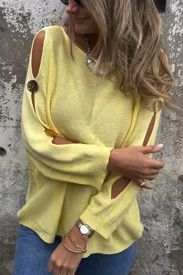 Solid Color Round Neck Hollow Long Sleeve Loose Knitted Sweater
