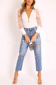 Solid Color Zip Front Sheer Puff Sleeves Bodysuit