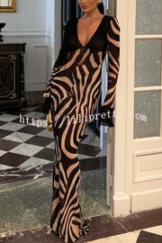 City Night Chiffon Colorblock Animal Print Tie-up Long Sleeve Maxi Dress