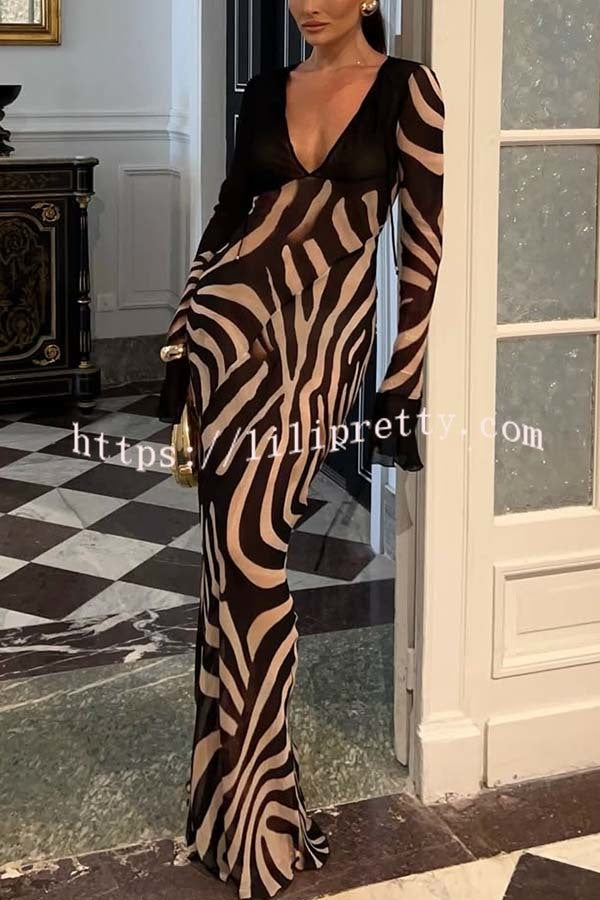 City Night Chiffon Colorblock Animal Print Tie-up Long Sleeve Maxi Dress