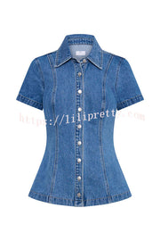 Modern Flavor Denim Short Sleeve Button Up Princess Seams Stretch Top