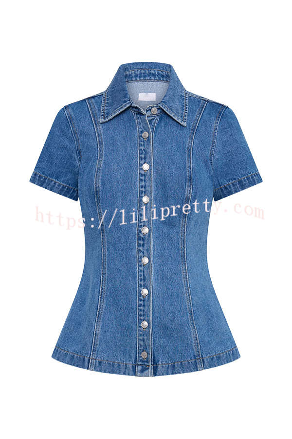 Modern Flavor Denim Short Sleeve Button Up Princess Seams Stretch Top