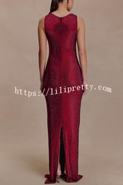 Holiday Nights Sequin Boat Neck Sleeveless Slit Maxi Dress