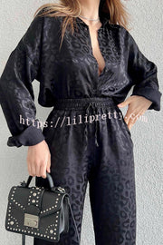 Lilipretty Leopard Print Jacquard Long Sleeved Shirt with Elastic Waist and Pant Two Piece Set