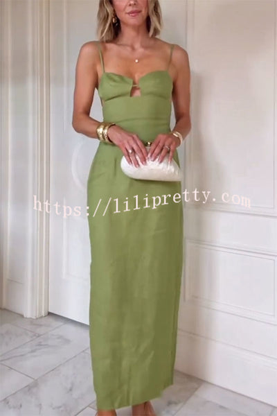 Sharyn Linen Blend Bodice Cutout Back Tie-up Slit Slip Maxi Dress