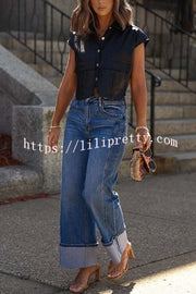 Stylish Weekend Faux Leather Button Up Cape Sleeve Pocket Crop Top