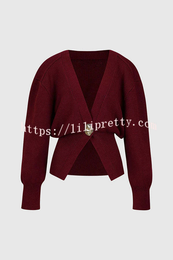 Only Yours Knit Metal Leaf Shape Button Lantern Sleeve Relaxed Cardigan