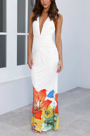 Floral Print Sexy Halterneck Open Back Pleated Slim Maxi Dress