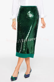 Shimmer Scene Sequin Patchwork Hem High Rise Slit Pencil Midi Skirt