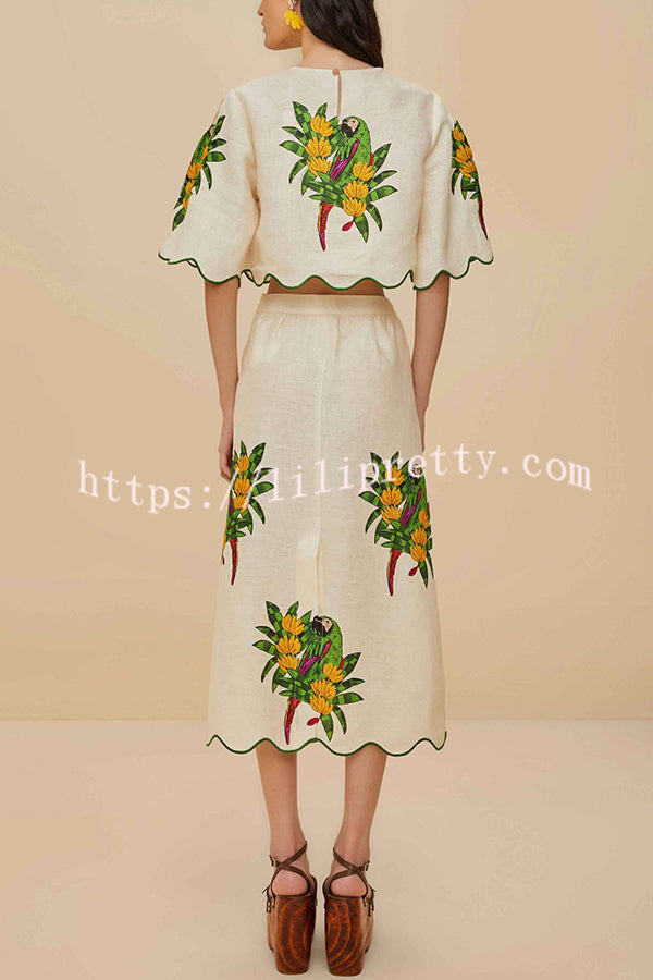 Parrot Print Round Neck Loose Crop Top and Elastic Waist Pocket Casual Midi Skirt Set