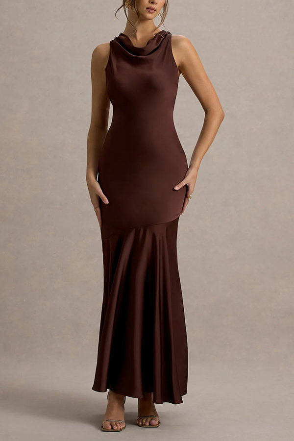 Timeless Sophistication Satin Cowl Detail Back Self-tie Halter Neck Maxi Dress