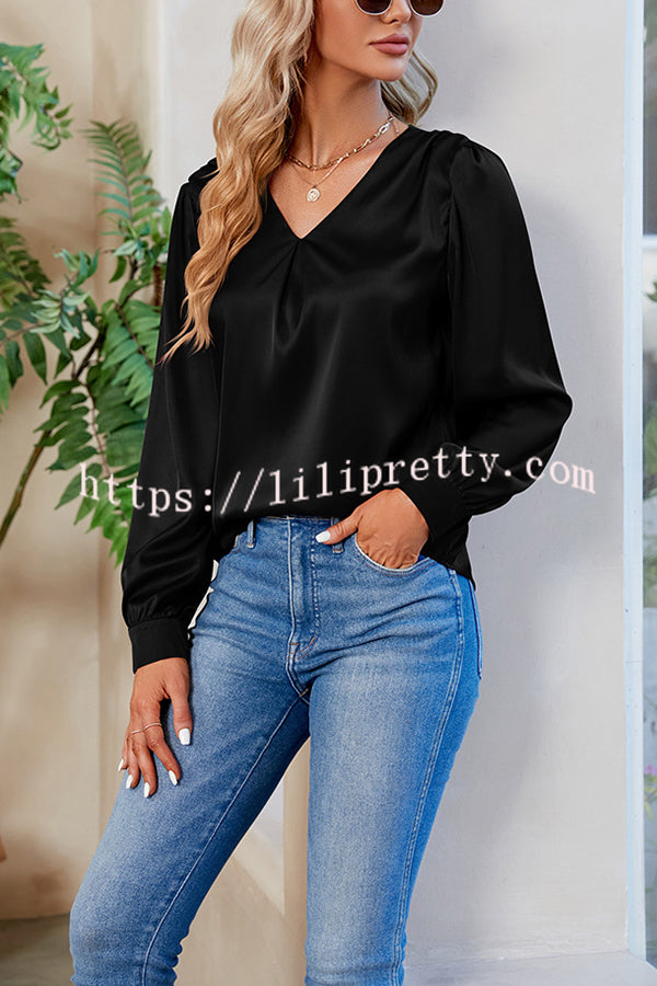 Satin Pleated V-neck Long-sleeved Loose Shirt