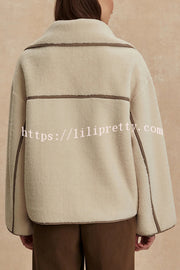 Romane Faux Fleece Fabric Contrast Trim Long Sleeve Knitted Pocket Lapel Loose Jacket