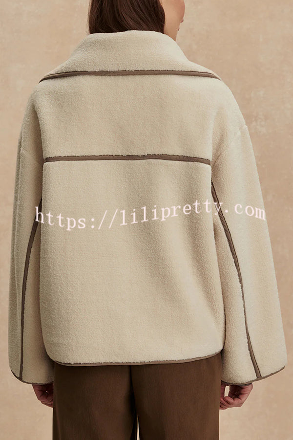 Romane Faux Fleece Fabric Contrast Trim Long Sleeve Knitted Pocket Lapel Loose Jacket
