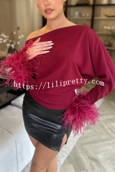 Party Holy Items Off Shoulder Feather Trim Sleeve Loose Blouse