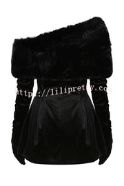 Stylish Velvet Off-shoulder Fitted Mini Dress and Fluffy Shawl, Velvet Gloves Three-piece Set