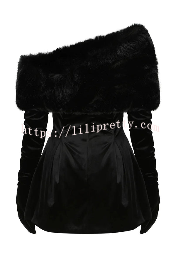 Stylish Velvet Off-shoulder Fitted Mini Dress and Fluffy Shawl, Velvet Gloves Three-piece Set