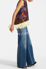 Emina Floral Feather Trim Trapezoidal Silhouette Asymmetrical Hem Top