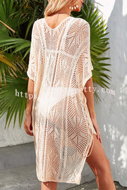 Knitted Hollow V Neck Tie Slit Cover Up