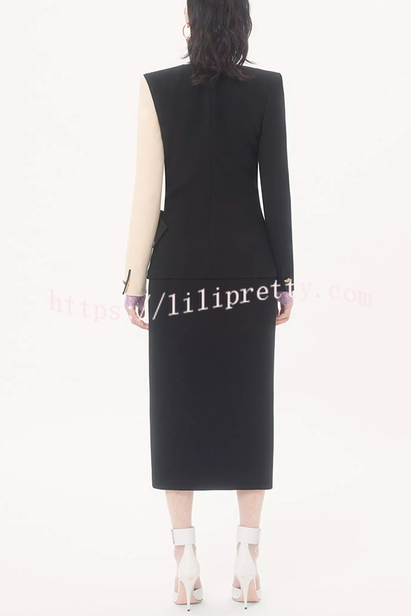 Love Unfolded Contrast Color Side Bow Tie-up Long Sleeve Slit Midi Dress