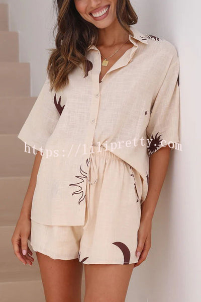 Lilipretty Camilla Linen Blend Printed Button Up Shirt and Elastic Waist Shorts Set