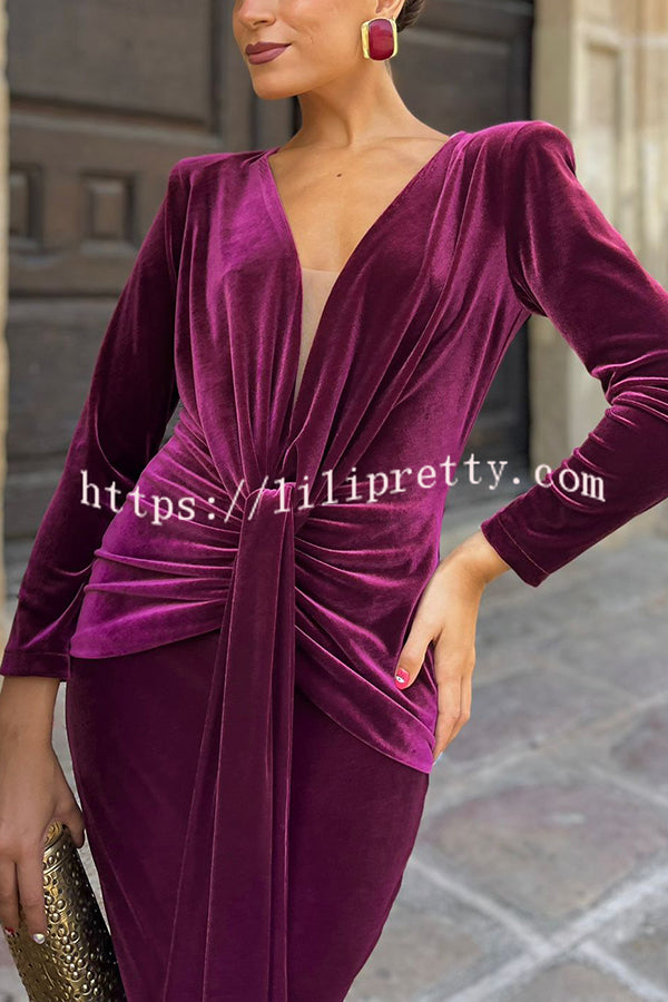 Elisabeth Luxurious Velvet Padded Shoulders Long Sleeve Twist Waist Drape Midi Dress