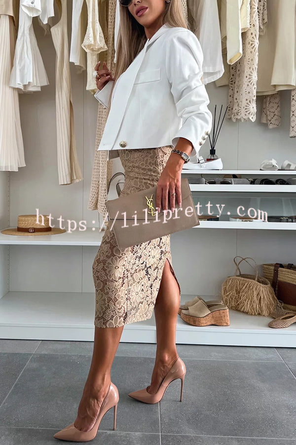 Lesia Floral Lace High Rise Slit Stretch Midi Skirt