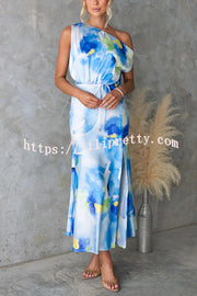 Satin Unique Print One Shoulder Tie Waist Slit Maxi Dress