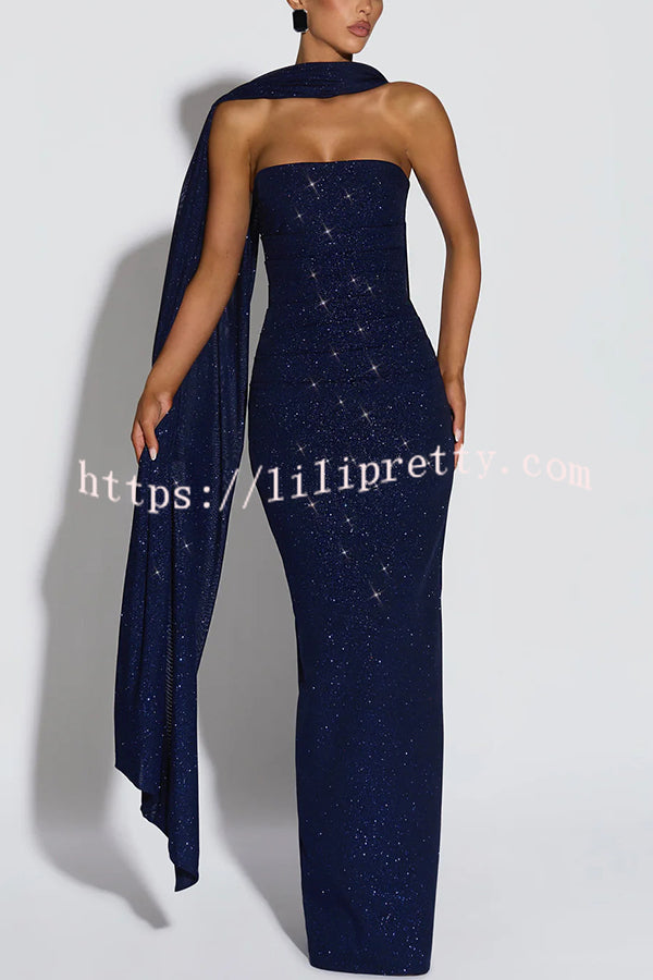 Pandra Glittery Crepe Fabric Off Shoulder Ruched Slit Cape Maxi Dress