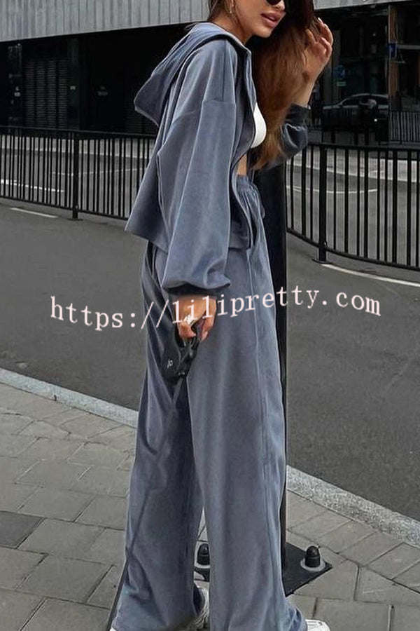 Velvet Casual Zip-up Hooded Top and Elastic Waist Wide Leg Pants Set