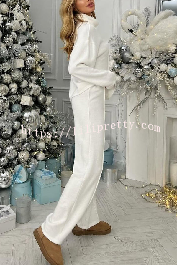 Solid Color Casual Knitted High Neck Long Sleeve Top and Elastic Waist Loose Pants Set