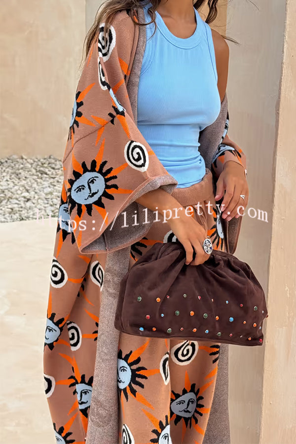 Mediterranean Art Knit Unique Sun Vortex Print Bell Sleeve Long Cardigan
