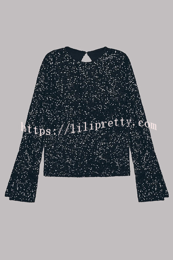 Lilipretty Exclusive Party Sequin Extra Long Slit Sleeves Open Back Top